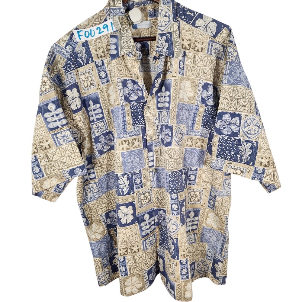 Half‎ Moon Bay 100% Cotton Blue Natural Short Sleeve Floral Print Mens Shirt XXL